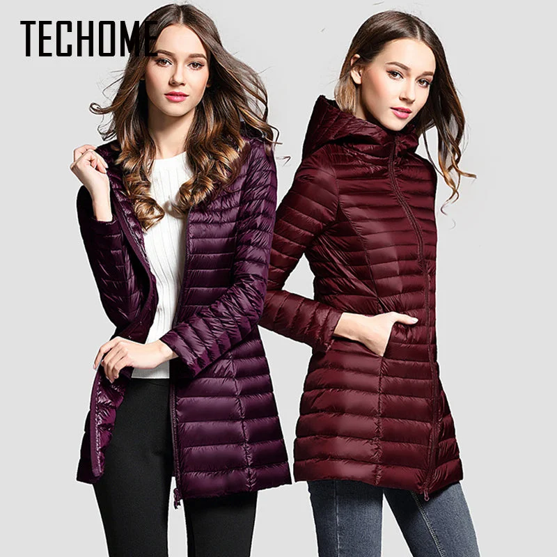 minimalist coats for women -women's pleated tops -Long Down Jacket Women Winter Down Coats Ultra Light Down Jacket Quilted Hooded Coat Women Duck Downs Jacket Coat