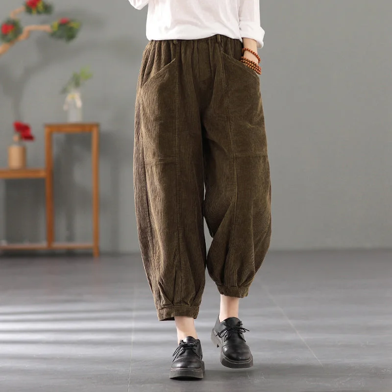 plus size women's pants -plus size women's tops -Women Corduroy Pants, Wide Leg Long Trousers, Winter khaki Maxi Pants