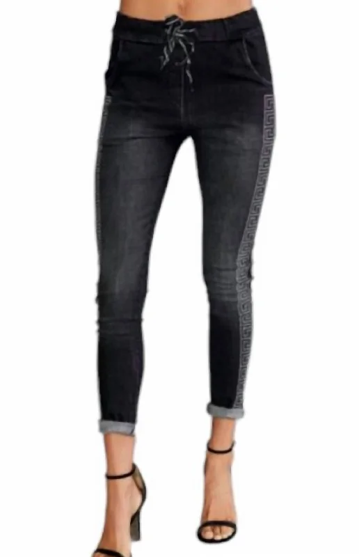 women's tailored trousers -women's satin blouses -Rhinestone Maze Side Stripe Denim Crinkle Jogger In Black Denim