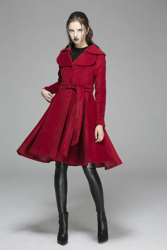 casual outerwear for women -elegant women's tops -Winter wool coat red jacket midi dress coat(1366)