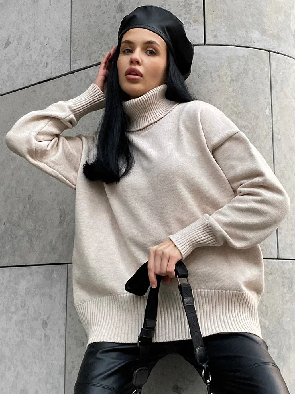 sporty tops for women -Thick Oversize Turtleneck Winter Warm White Knitted Oversized Sweater