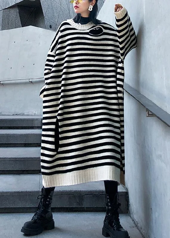 oversized t-shirts for women -Women beige striped Sweater outfits Design o neck Hole DIY sweater dresses