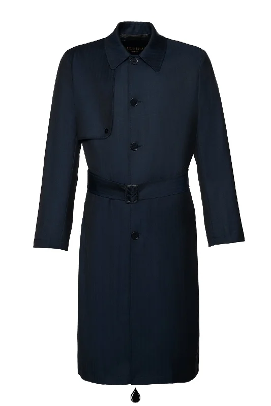 oversized coats for women -women's v-neck shirts -MAN RAY NAVY HERRINGBONE SINGLE BREAST TRENCH COAT