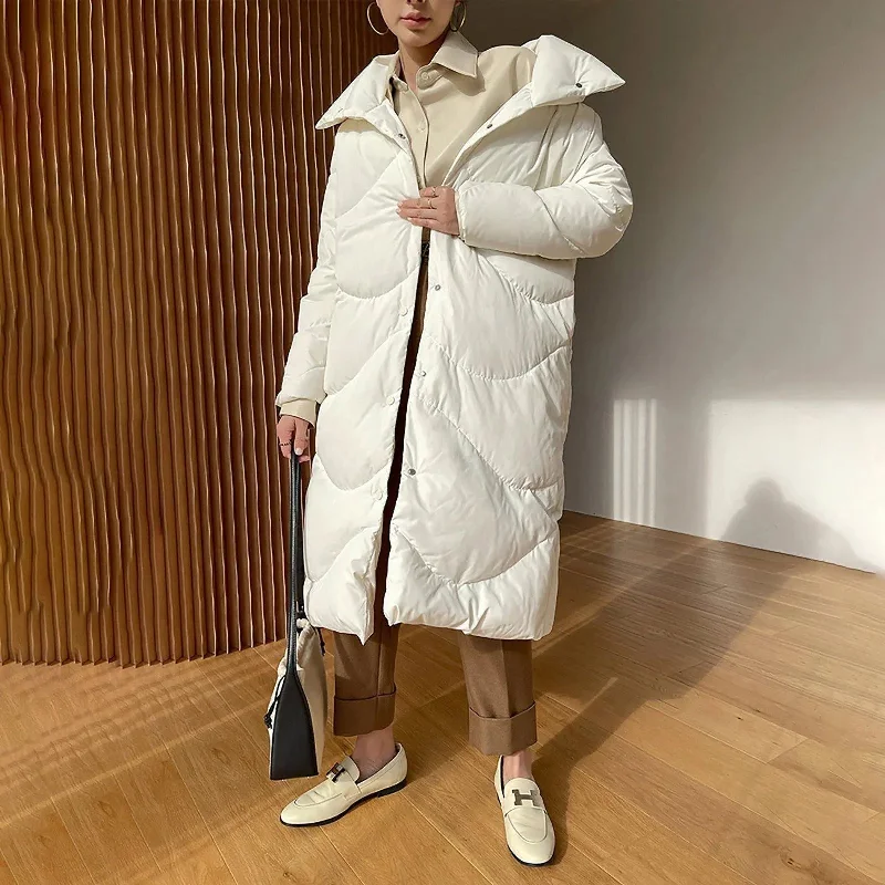 women's raincoats -women's velvet tops -White Big Collar Front Slap Closure Long Down Puffer Coat