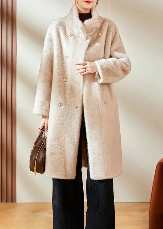 classic pea coats for women -warm tops for women -Stand Collar Double Breasted Faux Fur Coat