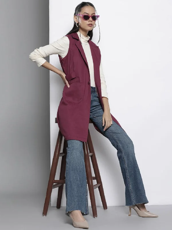 loose fit coats for women -casual plaid shirts for women -Women Burgundy Twill Longline Sleeveless Jacket