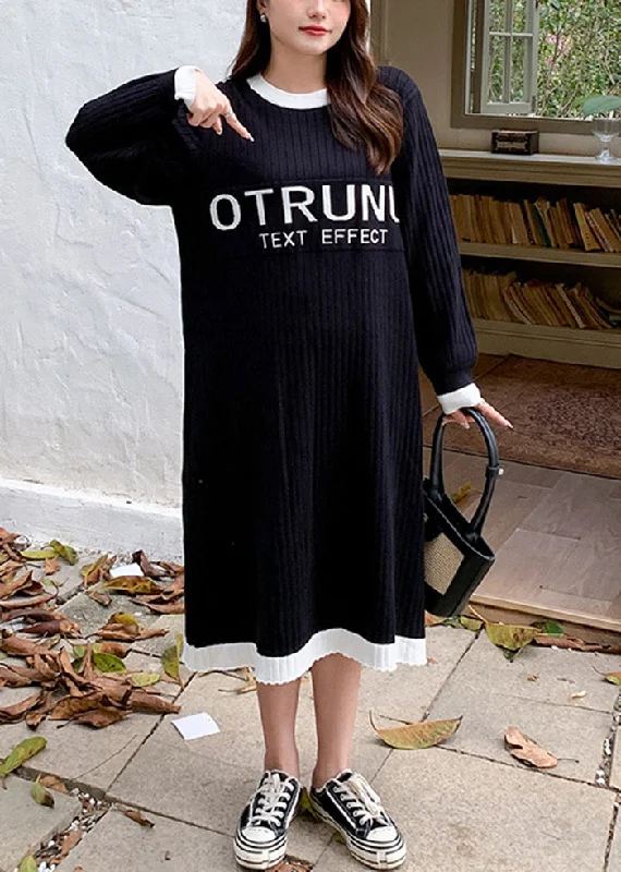 women's henley shirts -Stylish Black Oversized Patchwork Letter Knit Dresses Fall