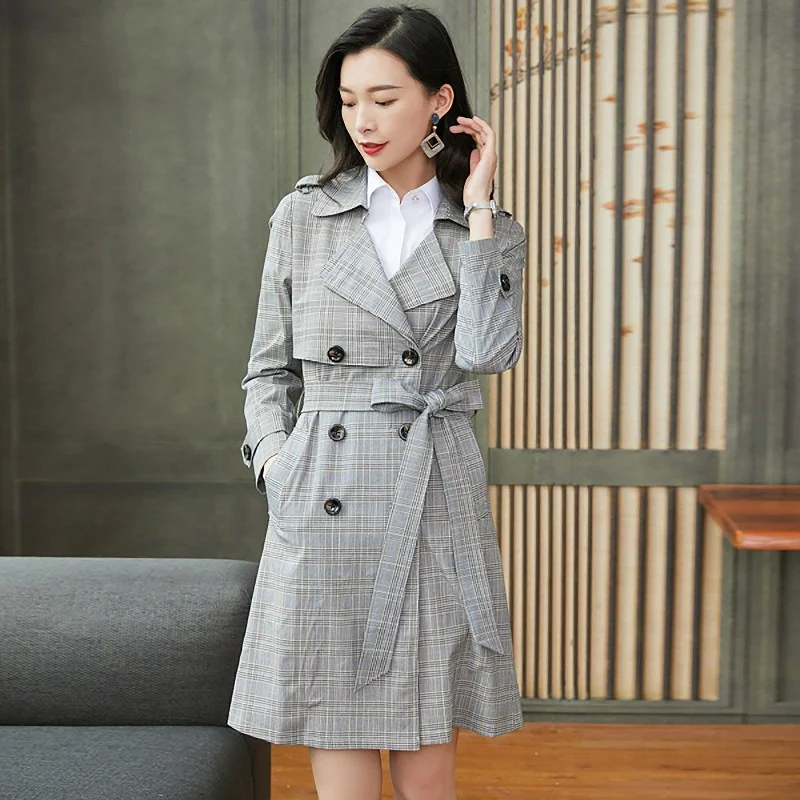 high collar coats for women -casual blouses with sleeves -Custom Check Pattern Epaulet Belted Trench Coat