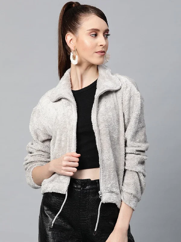 classic wool blazers for women -floral chiffon blouses for women -Grey Drawstring Faux Fur Jacket