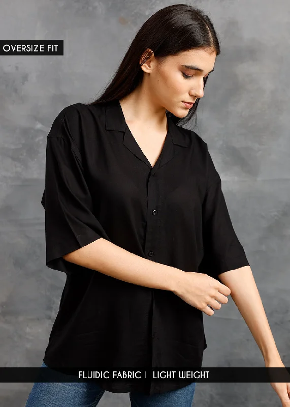 women's wrap tops -Solid Womens Fluidic Oversized Shirt - Black