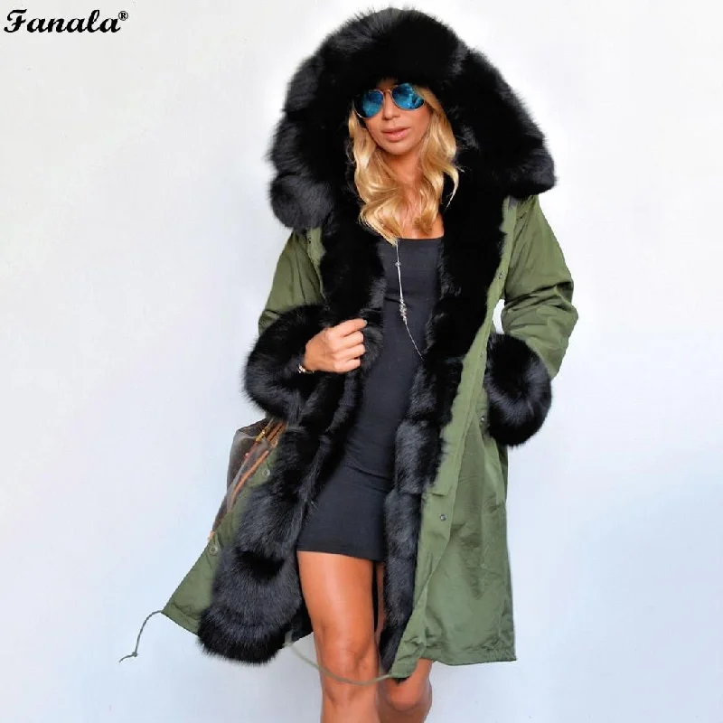 stylish jackets for women -women's cotton t-shirts -FANALA 2018 Fashion Women's  Faux Fur Lining Hooded Long Coat Parkas Outwear Army Green Large Raccoon Fur Collar Winter Jacket