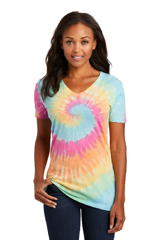 flowy tops for women -Port & Company Womens Tie-Dye Short Sleeve V-Neck T-Shirt - Pastel Rainbow