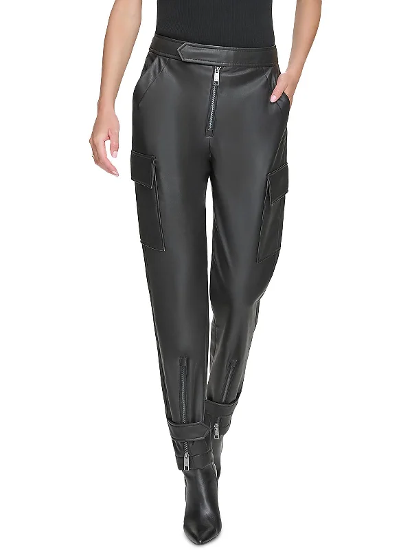 women's formal trousers -elegant women's tops -Womens Faux Leather High Rise Cargo Pants