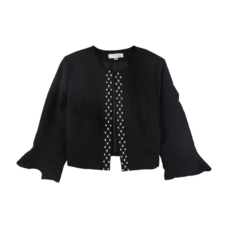 classic pea coats for women -warm tops for women -Tahari Womens Pearl Embellished Blazer Jacket, Black, 20W