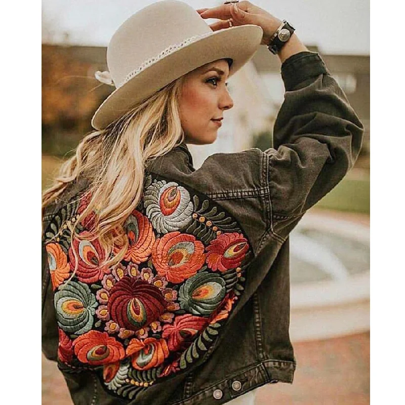 casual bomber jackets for women -breathable tops for women -DressBetty - Floral Embroidered Denim Jacket