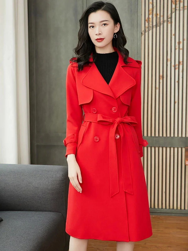 oversized winter coats for women -elegant evening tops for women -Custom Double Breasted Belted Red Trench Coat