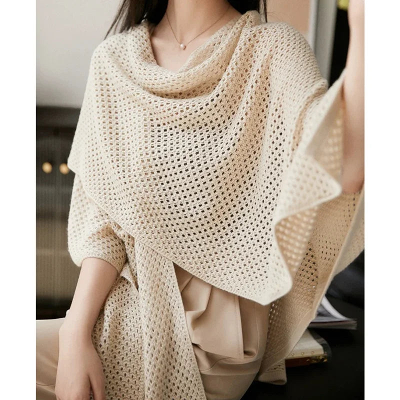 fashionable work tops for women -Solid Knitted Loose Office Shawl Hollow Cardigan Cape Sweater