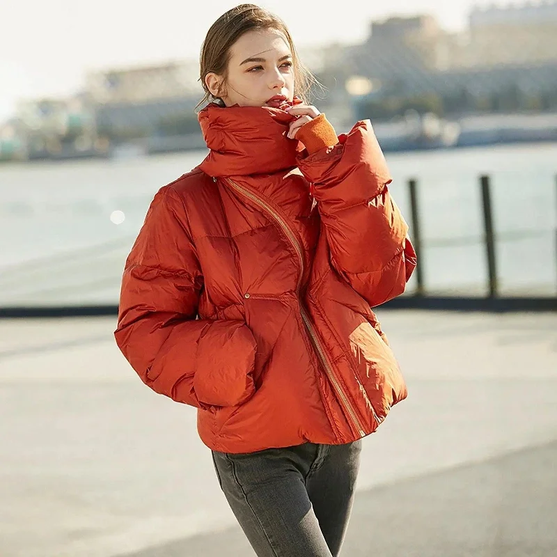 elegant evening coats for women -high-neck tops for women -Orange High Neck Down Puffer Jacket