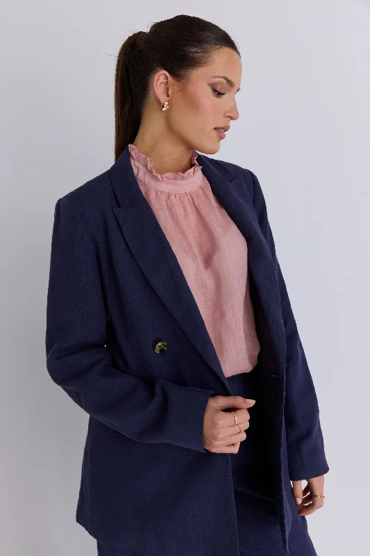 classic wool blazers for women -floral chiffon blouses for women -Superior Navy Linen Structured Blazer