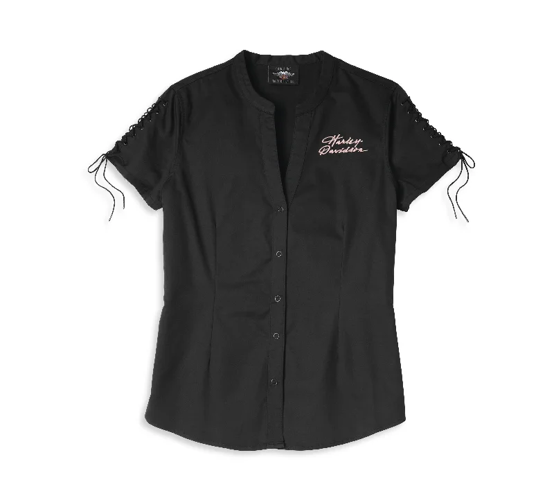 casual blouses with sleeves -Harley-Davidson Women's Script Font Laced Sleeve Shirt - 96115-22VW