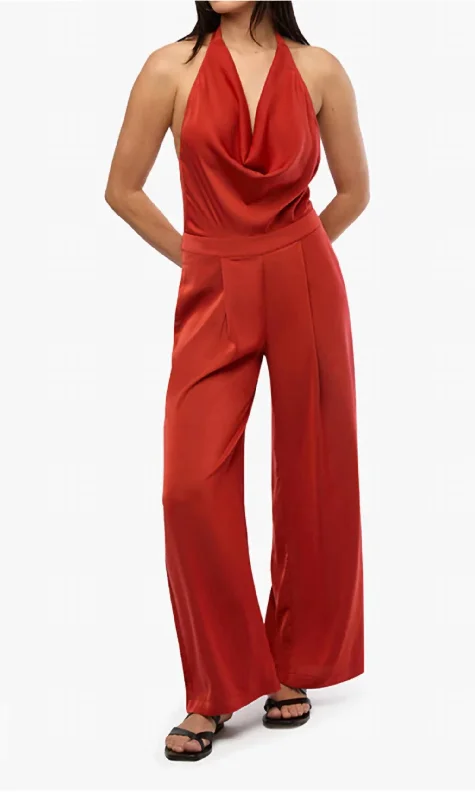 oversized pants for women -draped tops for women -Halter Jumpsuit In Red