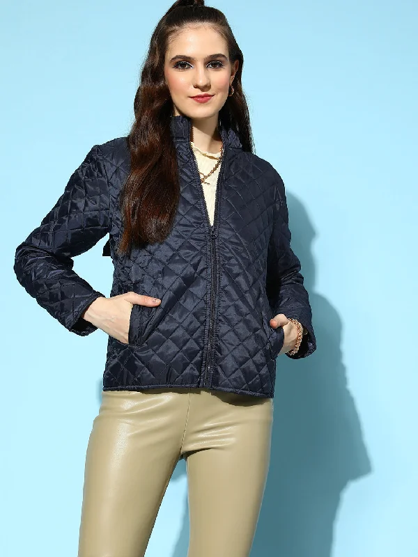 short jackets for women -oversized t-shirts for women -Women Navy Quilted Hooded Puffer Jacket