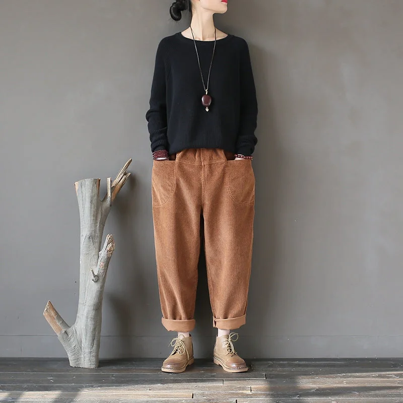 thermal pants for women -wool tops for women -Winter Slacks Corduroy, Baggy Pocket Pants Elastic Waist Pants