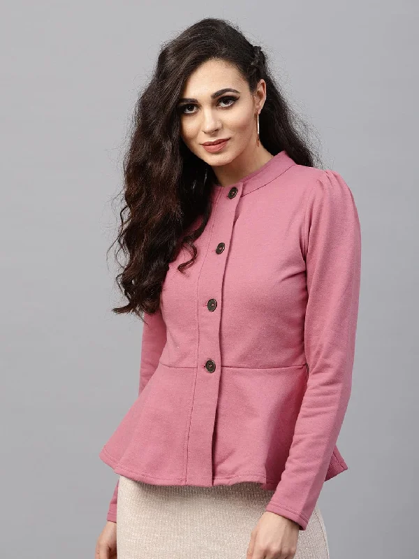 windproof jackets for women -striped shirts for women -Pink Fleece Peplum Jacket