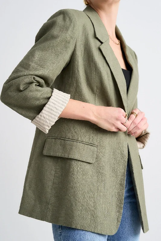 formal coats for women -lightweight women's tops -Dock Soft Khaki Ramie Rolled Sleeve Blazer