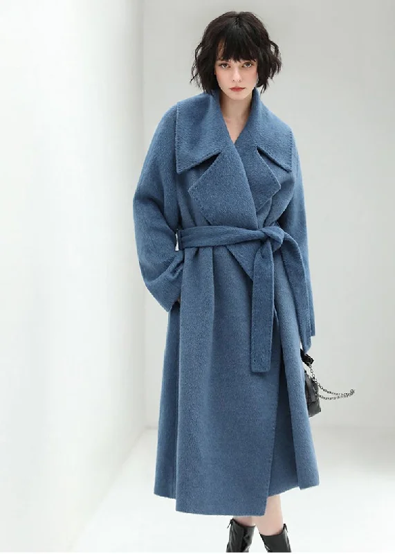 velvet coats for women -women's halter tops -Blue Belted Wool Blend Long Wrap Coat