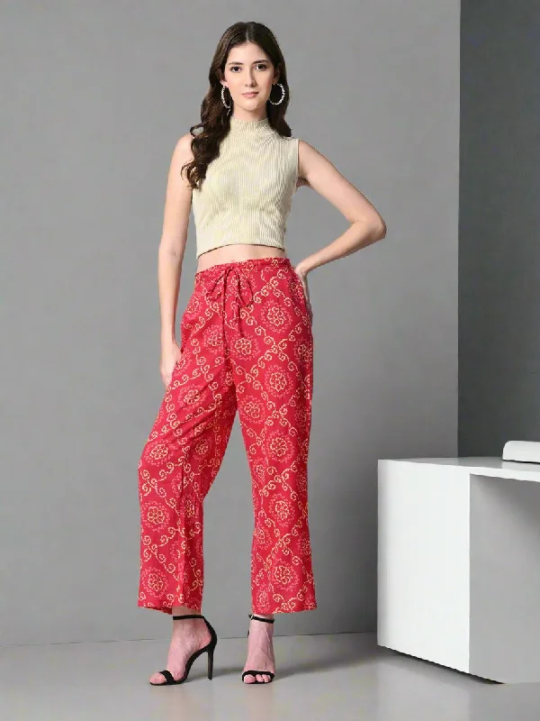 wide leg jeans for women -short sleeve tops for women -Women Ethnic Motifs Printed Smart Straight Fit Trousers