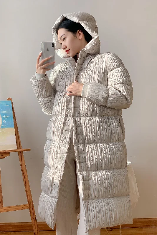 thick fleece coats for women -unique tops for women -Hooded Pleated Long Down Puffer Coat