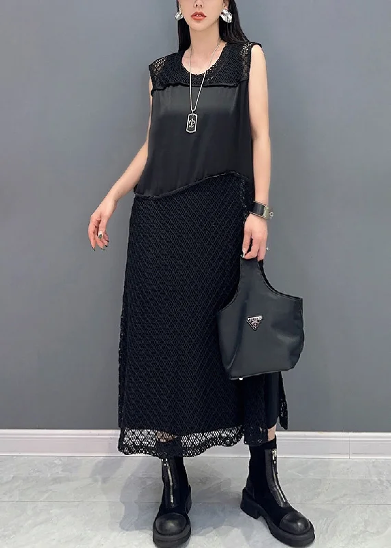 embroidered tops for women -Black Side Open Patchwork Knit Dresses O Neck Summer