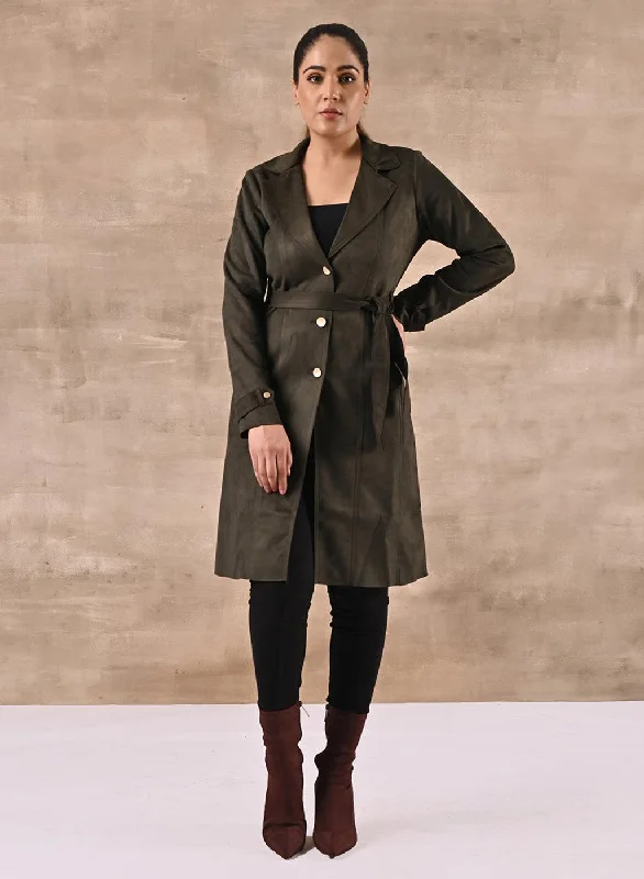 belted trench coats for women -women's off-shoulder tops -Olive Full Sleeve Tie Belt Trench Coat