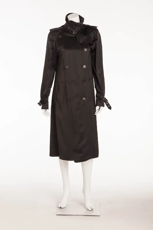 women's winter coats -women's long sleeve blouse -Burberry - Silk Black Button Up Trench Coat with Belt - FR 42