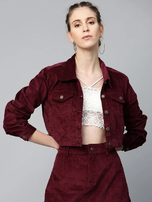 women's winter coats -women's long sleeve blouse -Burgundy Corduroy Boxy Jacket