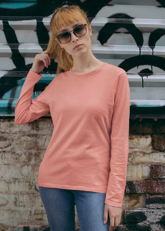 sleeveless blouses for work -Solid Women Full Sleeve T-Shirt - Salmon Pink