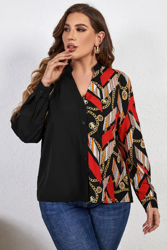 elegant chiffon blouses -Melo Apparel Plus Size Contrast Color Notched Neck Shirt