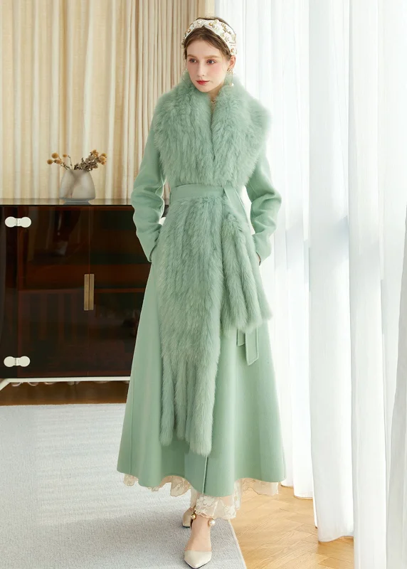 belted trench coats for women -women's off-shoulder tops -Light Green Fox Fur Scarf Wool Cashmere Belted Long Coat