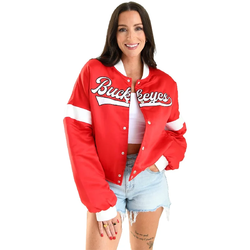 long cardigan coats for women -elegant chiffon blouses -Ladies Ohio State Buckeyes Varsity Satin Scarlet Jacket