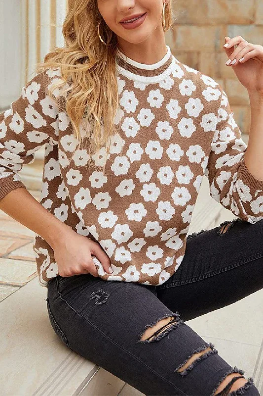 peplum tops for women -Mock Neck Floral Print Knitted Sweater Color Block Light Weight Sweater