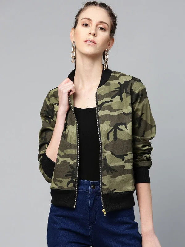 casual outerwear for women -elegant women's tops -Green Camouflage Bomber Zipper Jacket