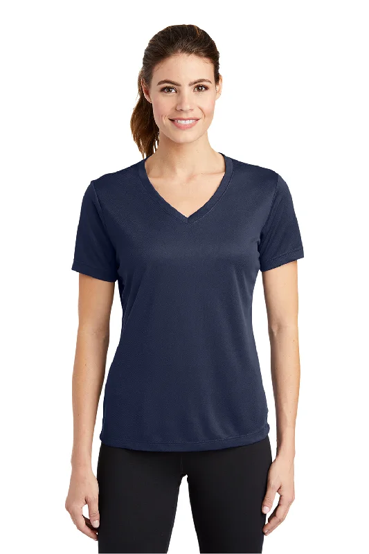 stretchable tops for women -Sport-Tek Womens RacerMesh Moisture Wicking Short Sleeve V-Neck T-Shirt - True Navy Blue