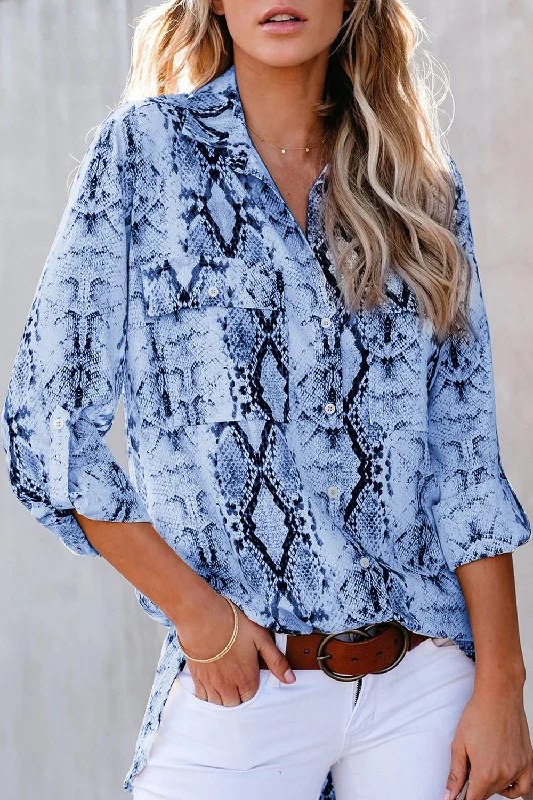 turtleneck tops for women -Pockted Printed Button Up Shirt