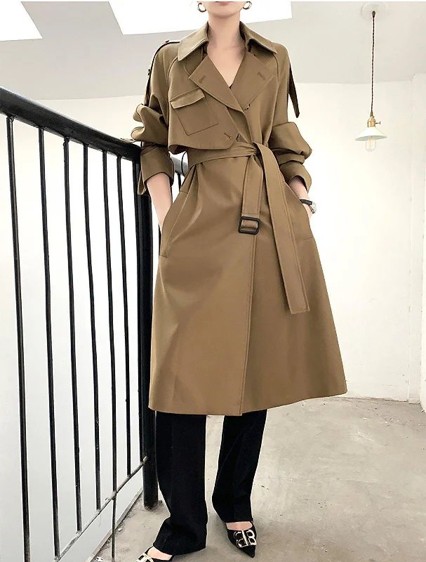 classic pea coats for women -warm tops for women -Khaki Epaulet Gun Flap Belted Long Trench Coat