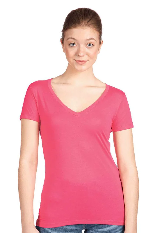 casual loose blouses for women -Next Level Womens Ideal Jersey Short Sleeve V-Neck T-Shirt - Hot Pink