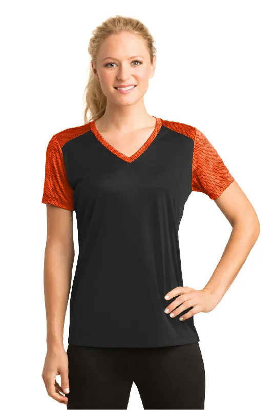 plus size women's tops -Sport-Tek Womens CamoHex Moisture Wicking Short Sleeve V-Neck T-Shirt - Black/Neon Orange - Closeout