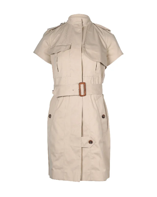 breathable jackets for women -cozy women's tops -Celine Short Sleeved Trench Coat Dress in Beige Cotton