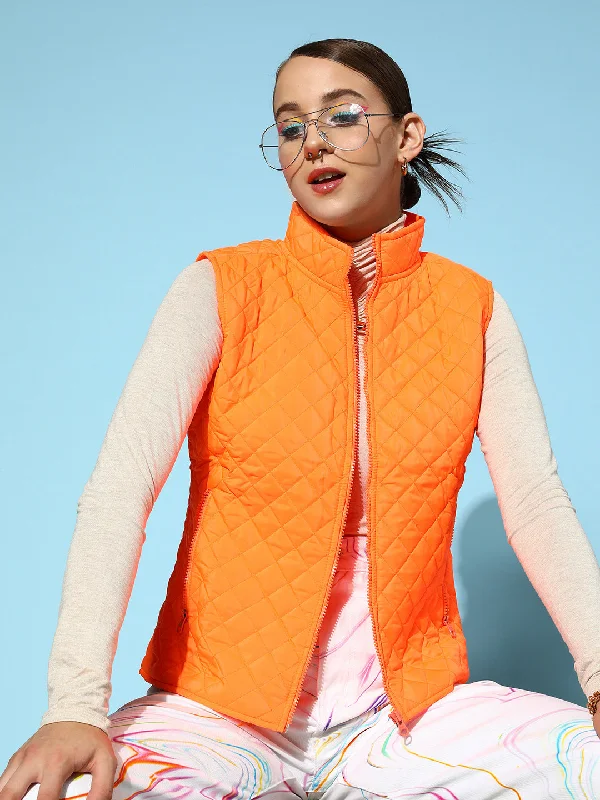 trendy coats for women -women's lace tops -Women Neon Orange Sleeveless Quilted Puffer Jacket