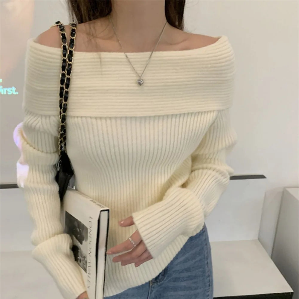 women's tunic tops -Sexy White Flat-neck Feminine Collarbone Off-shoulder Slimming Sweater